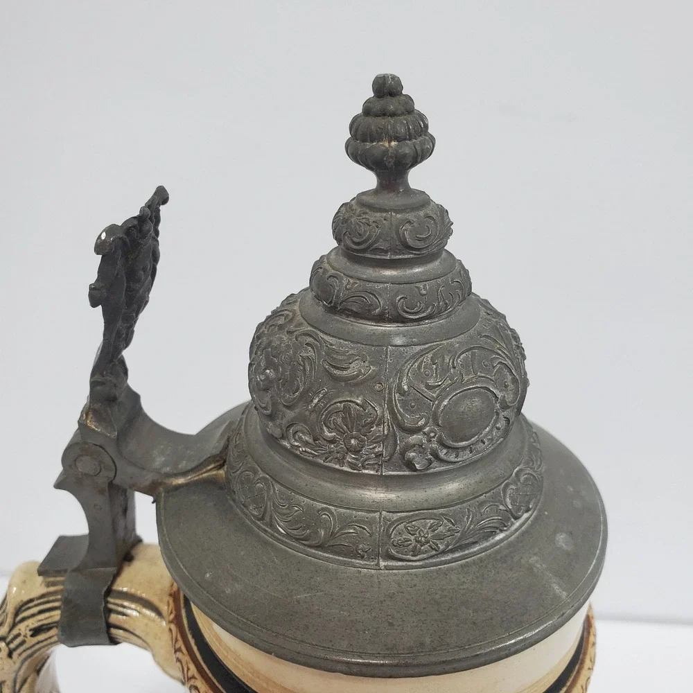 Vintage German Beer Stein Relief Ceramic Pewter Lid 364